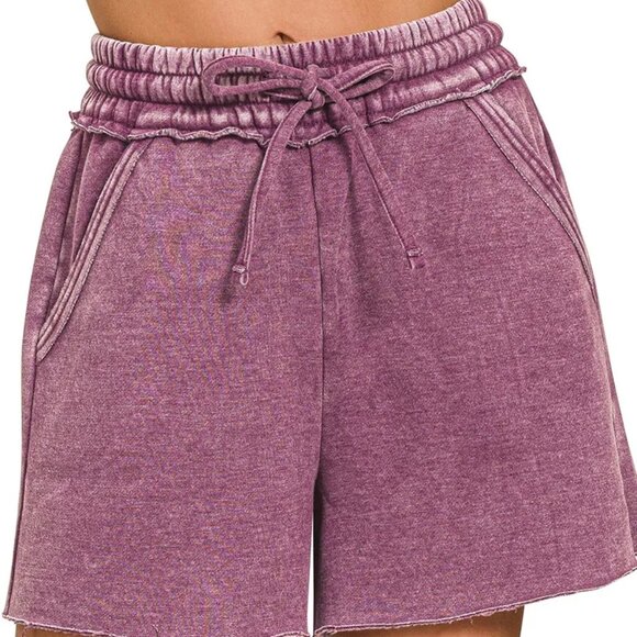 Zenana Acid Wash Fleece Drawstring Shorts With Pockets - Picture 1 of 4
